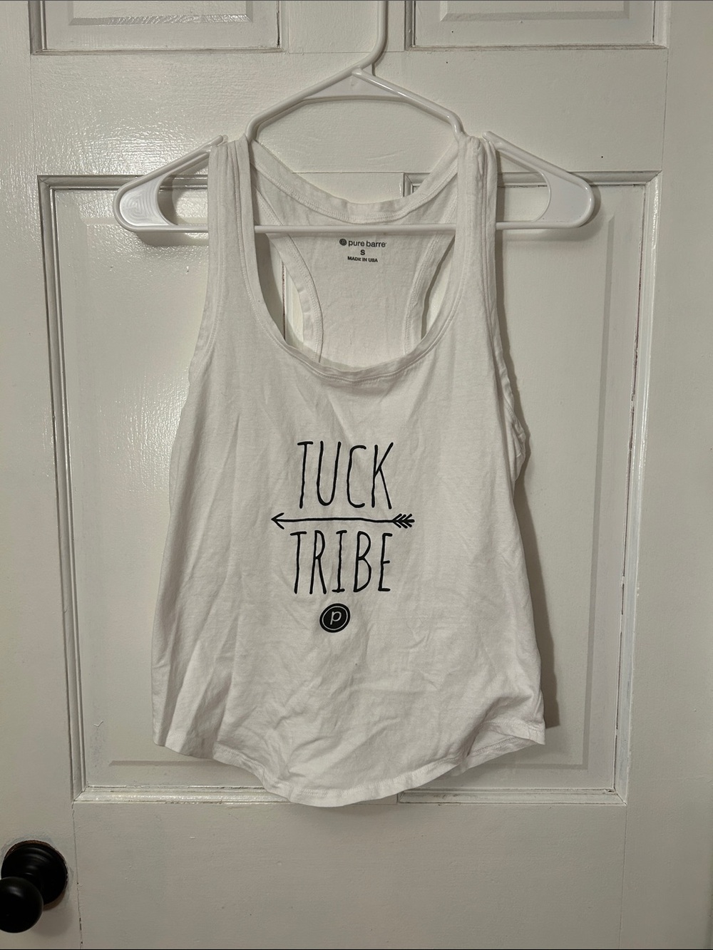 Pure Barre White Racerback Tank with 'Tuck Tribe' Graphic